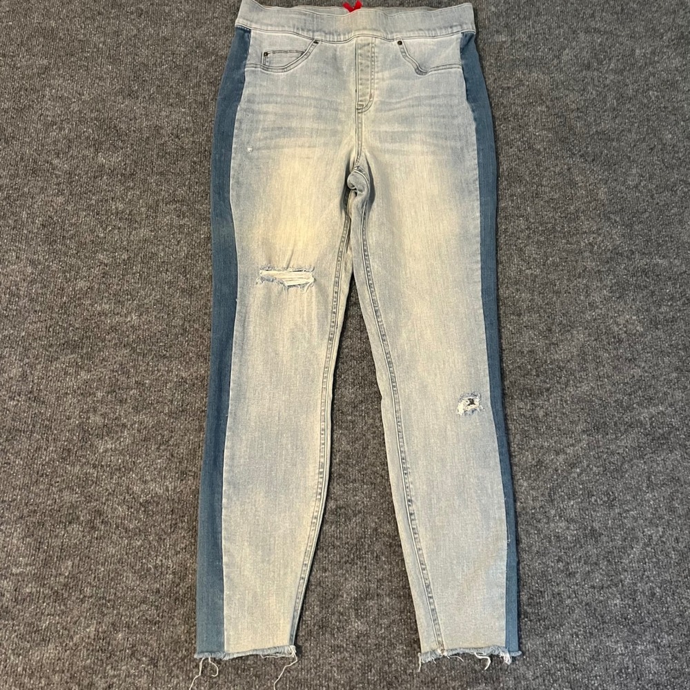 Spanx Ankle Skinny Jeans Light Wash Contrast Side Panel Distressed Size L